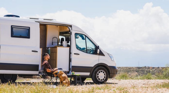 Man relaxing with dog in campervan at gorafe, spain