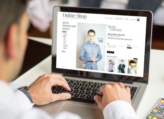 man personalized shopping online with a laptop, All screen graphics are made up.