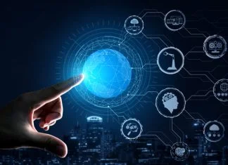 Engineering with graphic interface showing automation design, robot operation, usage of machine deep learning for future manufacturing and SMBs