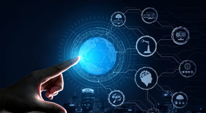 The Future of Business Belongs to SMBs that Embrace AI With Clarity and Purpose Engineering with graphic interface showing automation design, robot operation, usage of machine deep learning for future manufacturing and SMBs