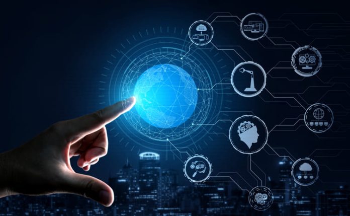 Engineering with graphic interface showing automation design, robot operation, usage of machine deep learning for future manufacturing and SMBs