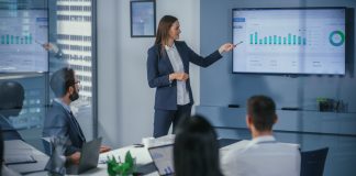 Transforming Presentations with Skywork AI Slides Agent Female Digital Startup Owner presenting a graph using Skywork AI