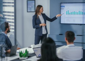 Female Digital Startup Owner presenting a graph using Skywork AI