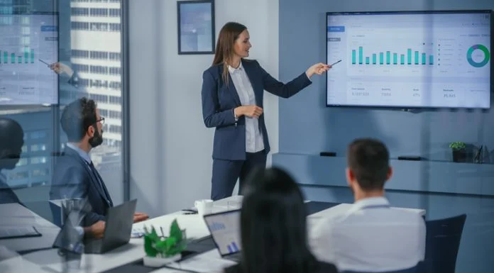 Transforming Presentations with Skywork AI Slides Agent Female Digital Startup Owner presenting a graph using Skywork AI