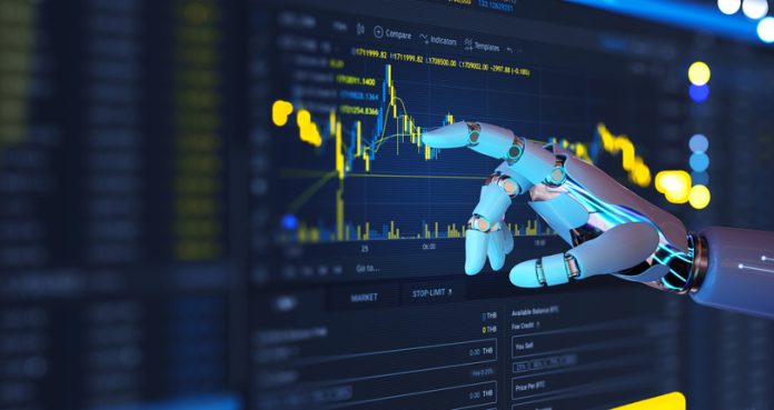 Investment and trading on stock market with Artificial Intelligence concept. AI robot in Crypto trading