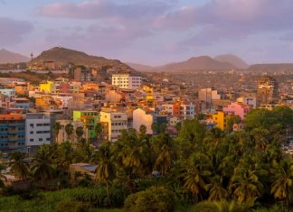 Cape Verde, multicolored buildings and hilly landscape