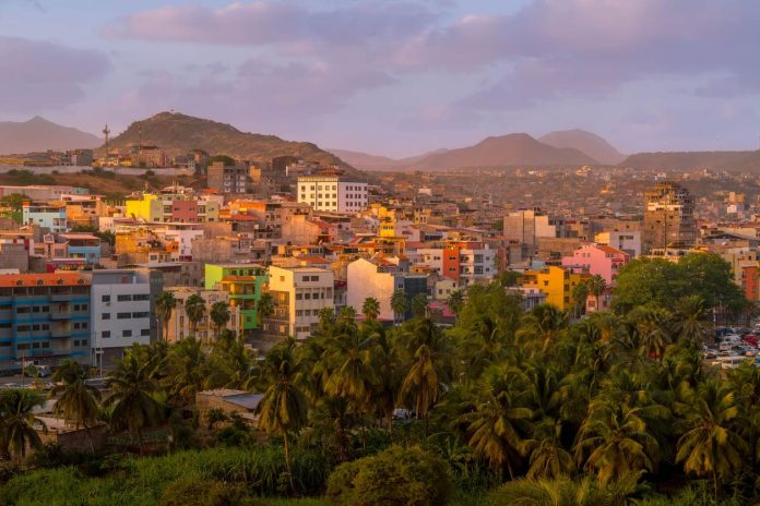 Cape Verde, multicolored buildings and hilly landscape