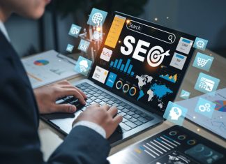 SEO text with magnifying glass and laptop, illustrating search engine optimization, web traffic analytics, keyword ranking, and online visibility improvement