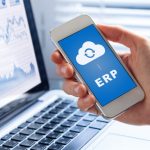 ERP app on smartphone screen connecting data with cloud computing