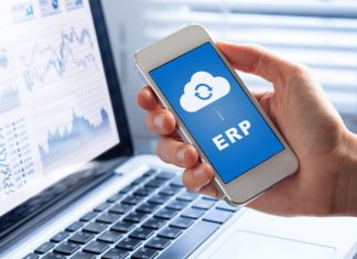ERP app on smartphone screen connecting data with cloud computing