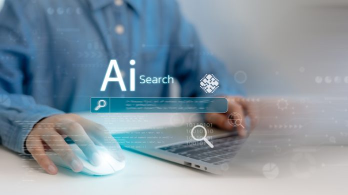 Ai search tech concept, Person use laptop with AI search engine bar for data search optimization by artificial intelligence technology. AI-Driven Search World