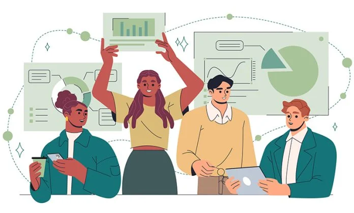 People working together. Men and women with graphs and diagrams. Collaboration and cooperation. Guys and girls in office with charts. Flat vector illustration The Hidden Balance Sheet: How Meetings Spend Your Most Precious Capital