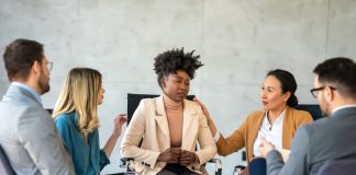 Support with group, therapy and mental health with help, people together talking about problem