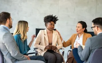 Support with group, therapy and mental health with help, people together talking about problem