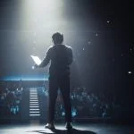 Business man afraid of public speaking. Glossophobia concept