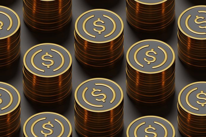 Golden USDC coins isometric seamless patttern. 3d illustration. Beyond Bitcoin