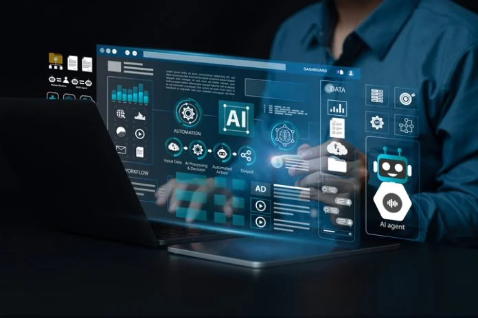 AI agent, AI workflow automation and generative artificial intelligence concept. Businessman using AI agents on screen with chatbots, assistants and data analytics tools. LLM. ML. Agentic workflows. The Augmented Strategist: AI in Dynamic Strategy