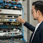 Young network technician holding tablet working to connecting network cables in server cabinet in network server room.