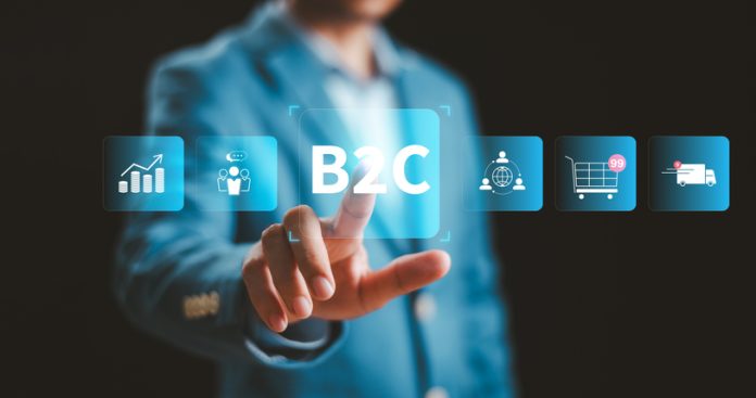 B2C digital concept, business to customer marketing strategy technology. Business shopping supply chain connection, communication feedback, online market, E-commerce. Businessman touch B2C invest icon How Fintechs Can Build a Strong B2C Foundation