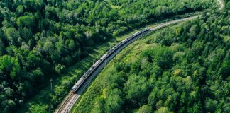 5G train in beautiful green summer forest. Long commuter train moving to rail way station