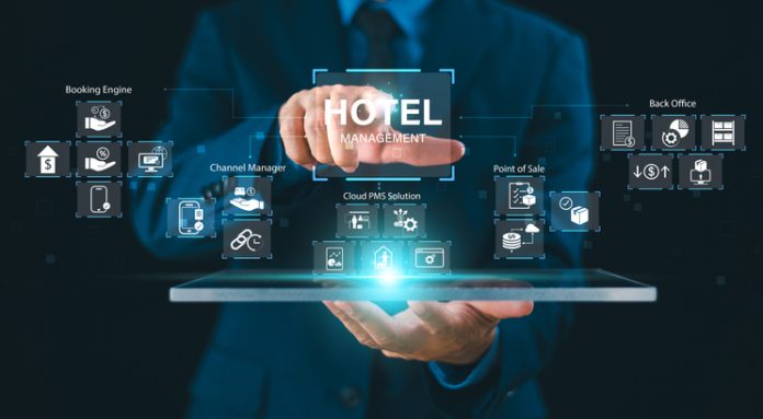 Hotel service management system concept. Digital network business investment technology. Businessman use computer, Property Management System, PMS cloud solution icon. Apartment hospitality software Hotel PMS Systems