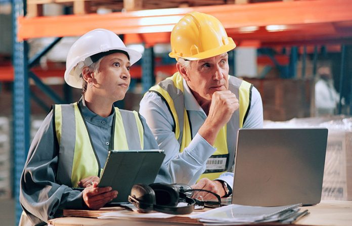 Distribution, people or inspection in warehouse, laptop or online schedule for supply chain. Employees, quality control or planning with safety, stock compliance or tablet with checklist or inventory SARPIC Supply Chain 5.0