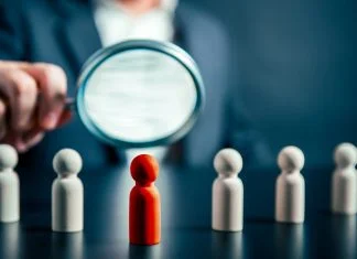 Magnifying success powerful red wooden businessman leading way. Identiying leader with potential concept