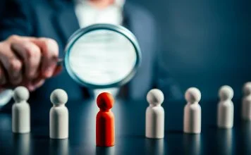 Magnifying success powerful red wooden businessman leading way. Identiying leader with potential concept