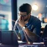 Man, headache and stock market crash, financial fail or business investment mistake in night office overlay.