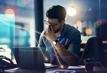 Man, headache and stock market crash, financial fail or business investment mistake in night office overlay.