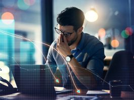 Man, headache and stock market crash, financial fail or business investment mistake in night office overlay.