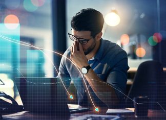 Man, headache and stock market crash, financial fail or business investment mistake in night office overlay.