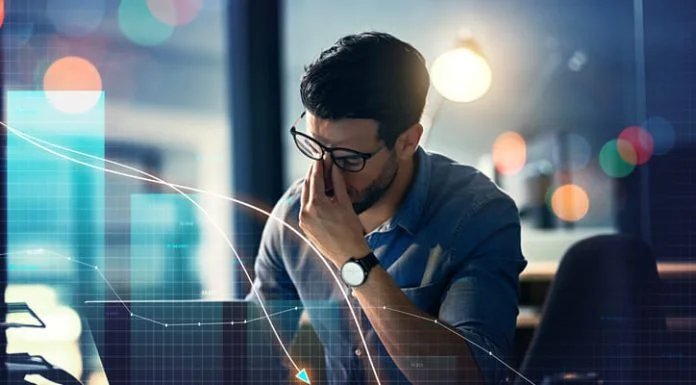 The Harsh Truth is That Most Businesses Don’t Sell – Here’s Why Man, headache and stock market crash, financial fail or business investment mistake in night office overlay.