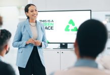 What Founders and Business Owners Can Learn From the Hospitality Sector to Create a Sustainable Business Business people, hospitality, sustainability and woman with presentation, conference or ecology with partnership, corporate training or carbon footprint.