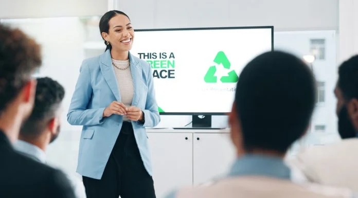 What Founders and Business Owners Can Learn From the Hospitality Sector to Create a Sustainable Business Business people, hospitality, sustainability and woman with presentation, conference or ecology with partnership, corporate training or carbon footprint.