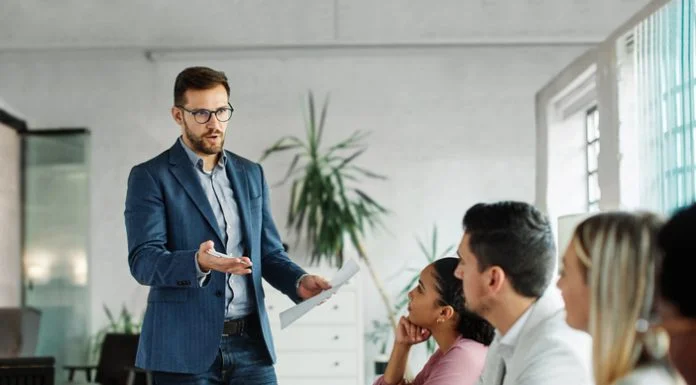Group of young business people having a meeting or presentation and seminar in the office or culture.