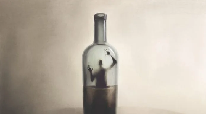 Illustration of man imprisoned in a bottle of alcohol, surreal addiction abstract
