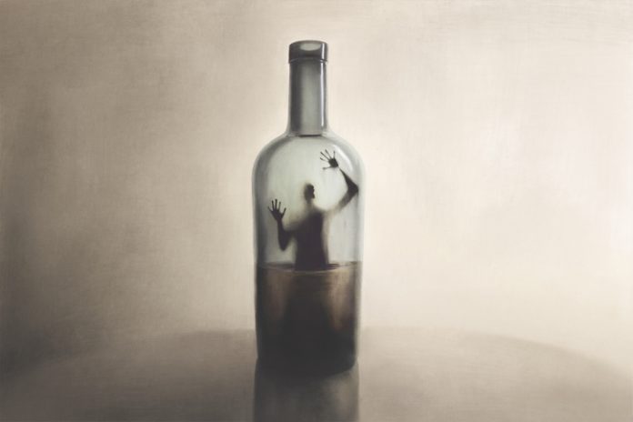 Illustration of man imprisoned in a bottle of alcohol, surreal addiction abstract