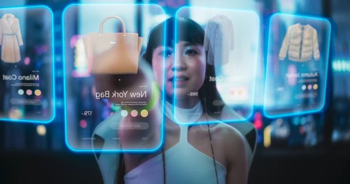 Stylish Japanese Young Woman Interacting with Augmented Reality Platform in a Technologically Advanced Room with Futuristic Cyberpunk City in the Background. Beautiful Girl Doing Online Shopping AI interactive product demos