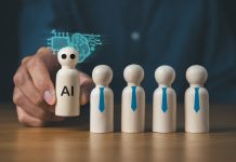 Business man with wooden block of AI and businessman artificial intelligence concept,innovation technology, futuristic, internet network communication