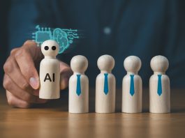 Business man with wooden block of AI and businessman artificial intelligence concept,innovation technology, futuristic, internet network communication