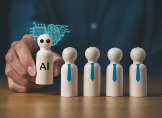 Business man with wooden block of AI and businessman artificial intelligence concept,innovation technology, futuristic, internet network communication