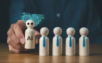 Business man with wooden block of AI and businessman artificial intelligence concept,innovation technology, futuristic, internet network communication