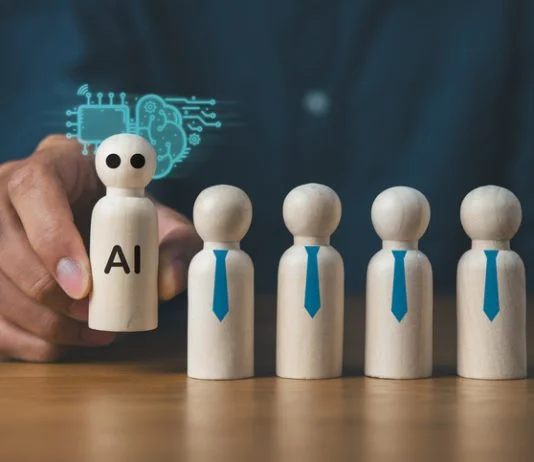 Business man with wooden block of AI and businessman artificial intelligence concept,innovation technology, futuristic, internet network communication