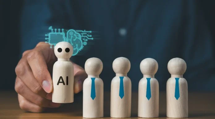 Business man with wooden block of AI and businessman artificial intelligence concept,innovation technology, futuristic, internet network communication