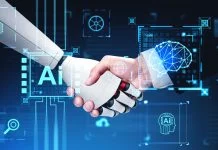 AI companionship trends - Human and robot handshake
