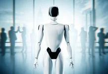 Moral Engineering -Futuristic humanoid robot standing in modern office with blurry businesspeople in background