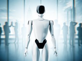 Moral Engineering: When AI Decides Where It’s Safe to Walk Moral Engineering -Futuristic humanoid robot standing in modern office with blurry businesspeople in background