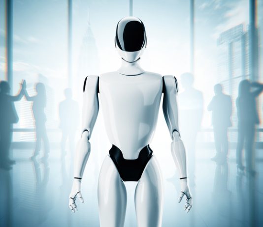 Moral Engineering -Futuristic humanoid robot standing in modern office with blurry businesspeople in background