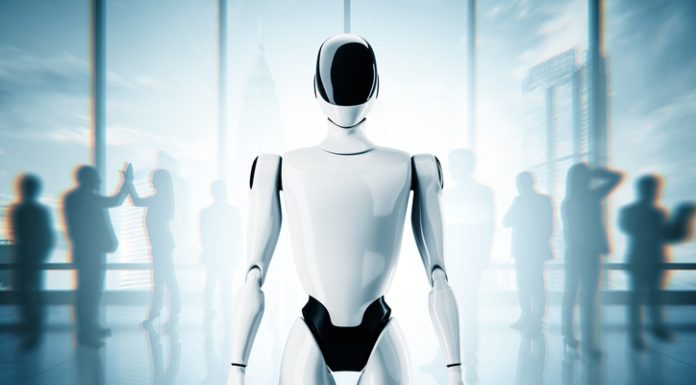 Moral Engineering: When AI Decides Where It’s Safe to Walk Moral Engineering -Futuristic humanoid robot standing in modern office with blurry businesspeople in background